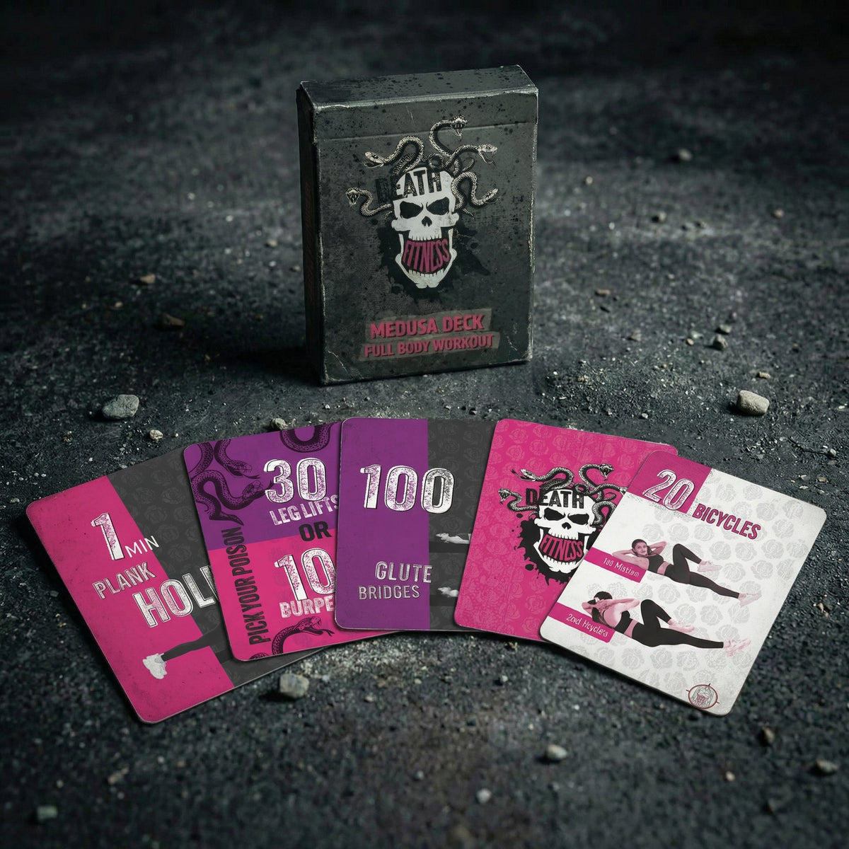 Medusa Full Body Workout deck box with pink and purple workout cards fanned out in front