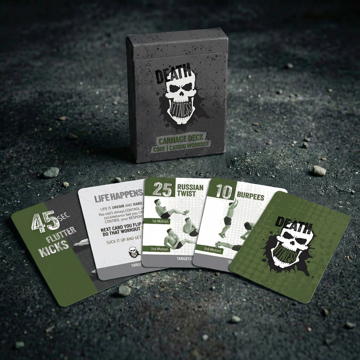 Death Fitness Core and Cardio deck with green workout cards fanned out: Flutter Kicks, Russian Twist, Burpees.