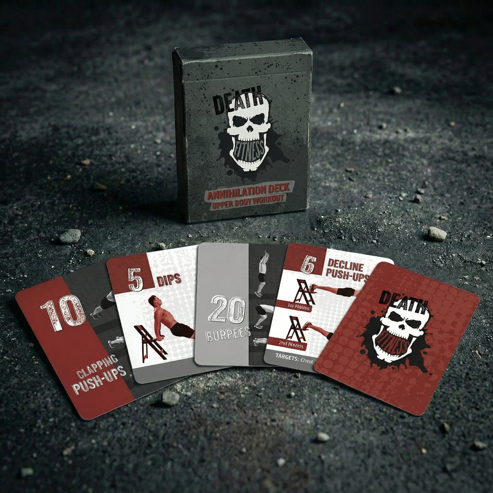 Death Fitness Upper Body Annihilation deck with red workout cards fanned out: Clapping Push-Ups, Dips, Burpees, Decline Push-Ups