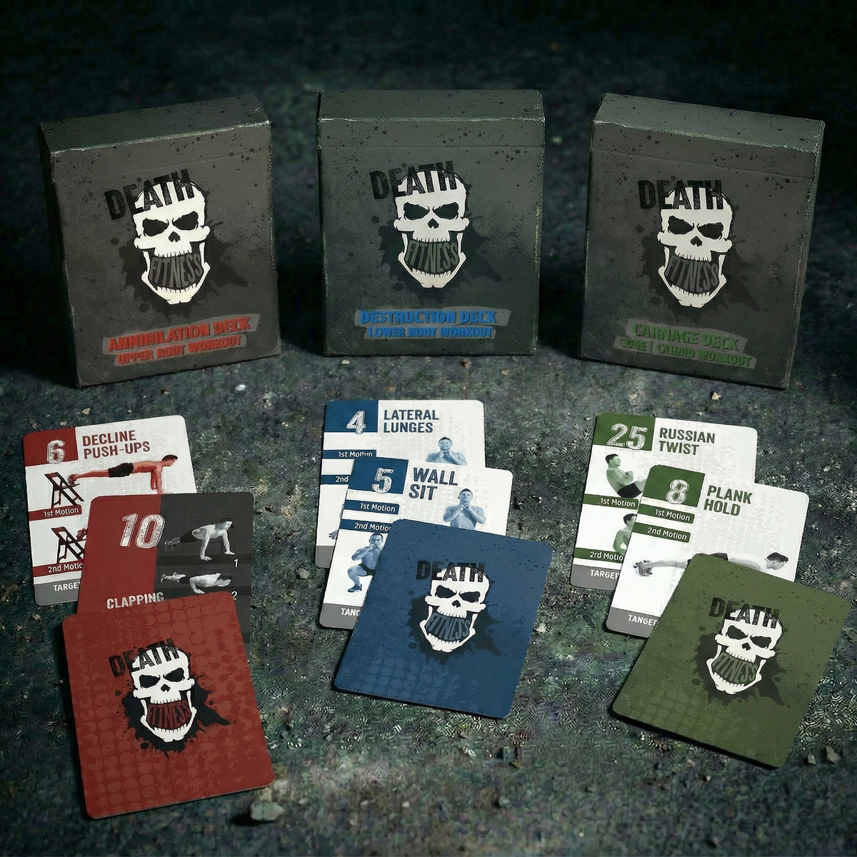Death Fitness Trifecta Bundle: Annihilation upper body, Destruction lower body and Carnage core and cardio decks with workout cards for Decline Push-Ups, Lateral Lunges, Wall Sit, Russian Twist and Plank Hold